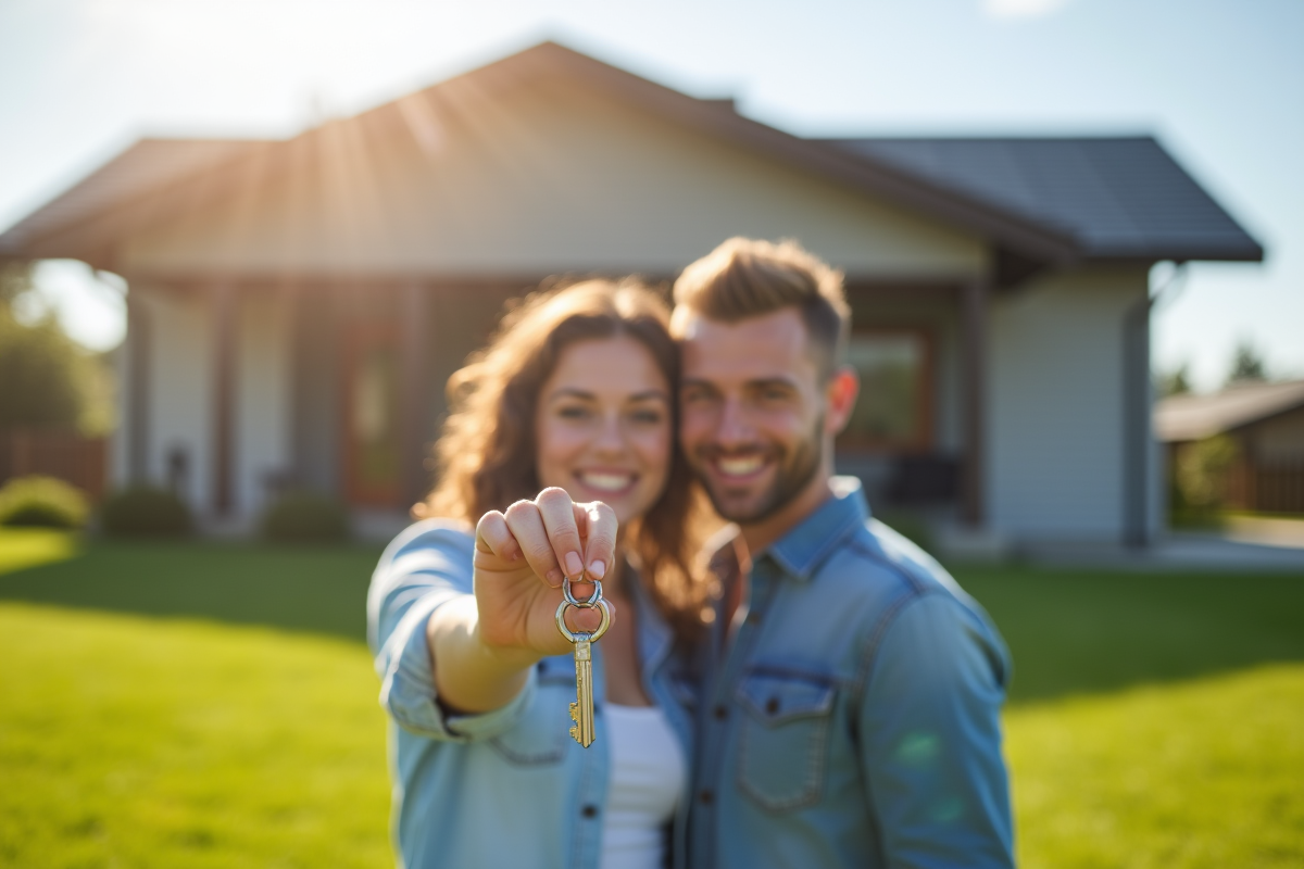 Jeune couple souriant avec clé devant maison moderne