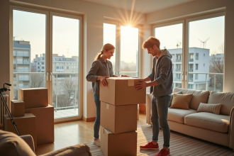Jeune couple heureux déballant des cartons dans un appartement lumineux