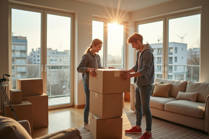 Jeune couple heureux déballant des cartons dans un appartement lumineux