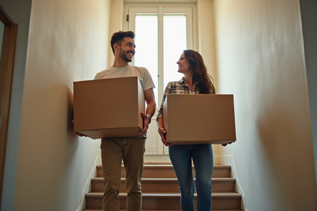 Jeune couple souriant portant des cartons dans un immeuble
