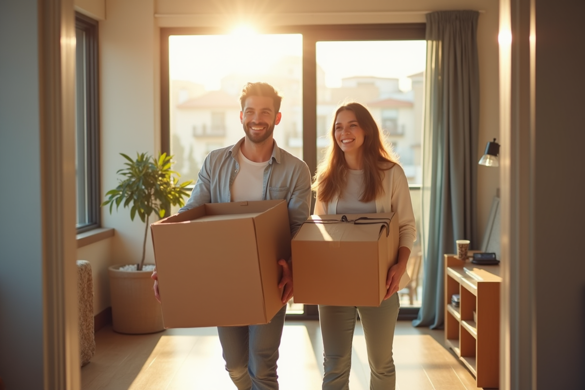 Jeune couple heureux déchargeant des cartons dans un appartement lumineux