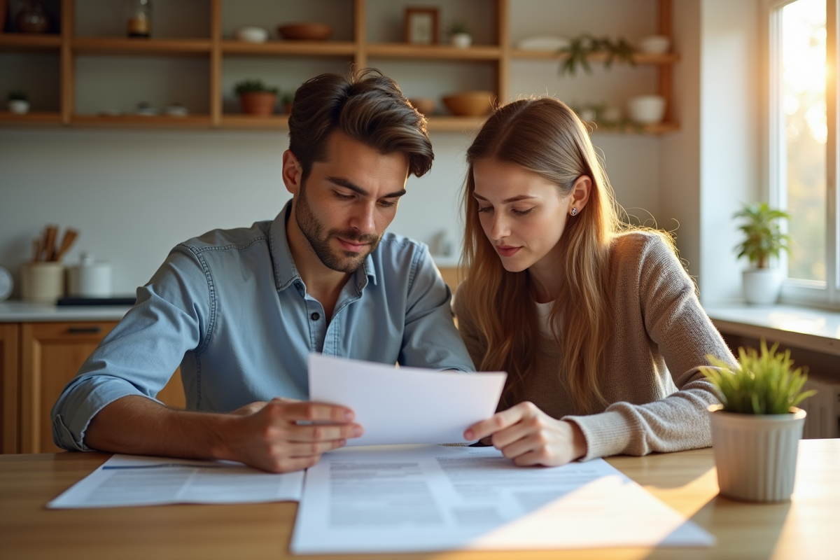 Jeune couple examinant des documents de location à la maison