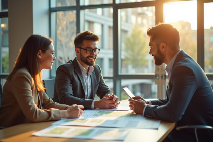 Jeune couple discutant avec un agent municipal à la mairie