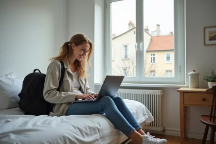 Jeune étudiante assise sur son lit en studio à La Roche sur Yon
