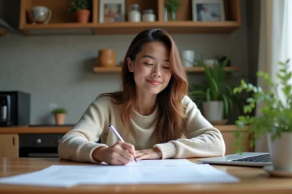 Jeune femme en int&eacute;rieur remplissant un dossier logement