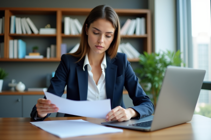 Jeune femme professionnelle examinant des documents de prêt immobilier