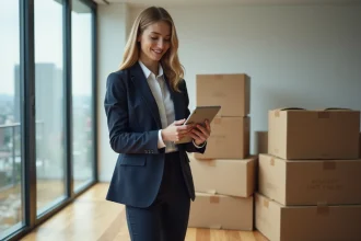 Jeune femme professionnelle avec tablette devant boxes