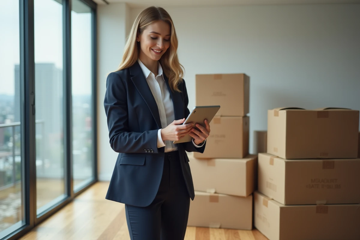 Jeune femme professionnelle avec tablette devant boxes