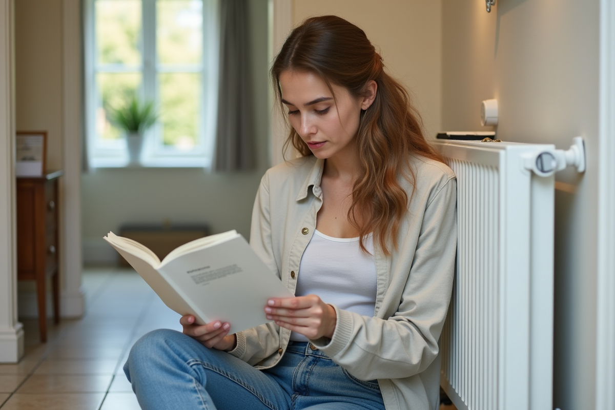 Jeune femme lisant un guide de maintenance près d’un radiateur moderne