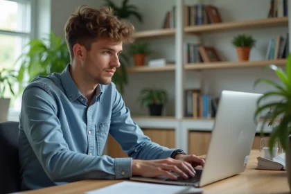 Jeune homme en bureau moderne compare options d'hébergement web