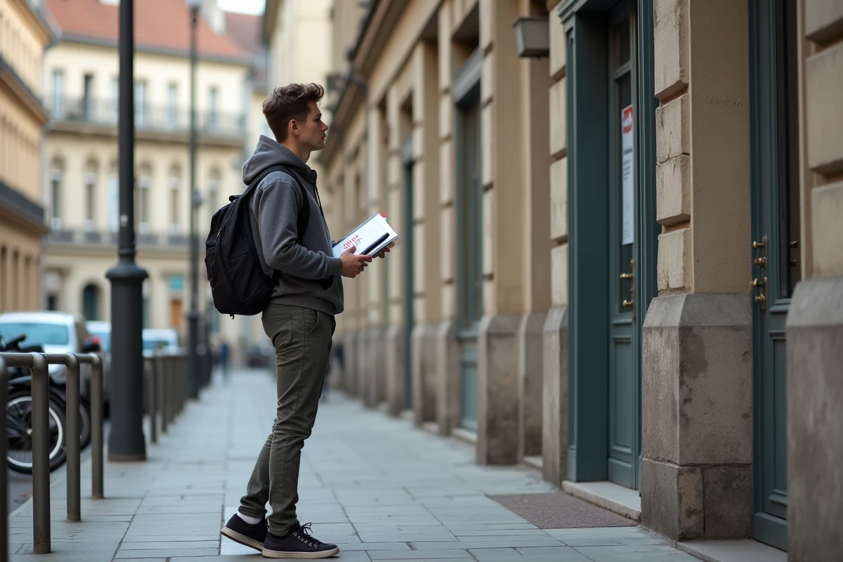 Jeune homme regardant une affiche de location dans la rue