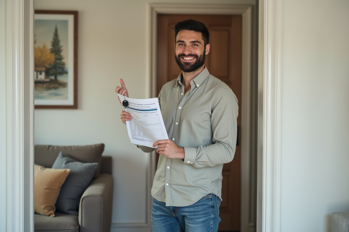 Jeune homme souriant tenant une clé dans un appartement