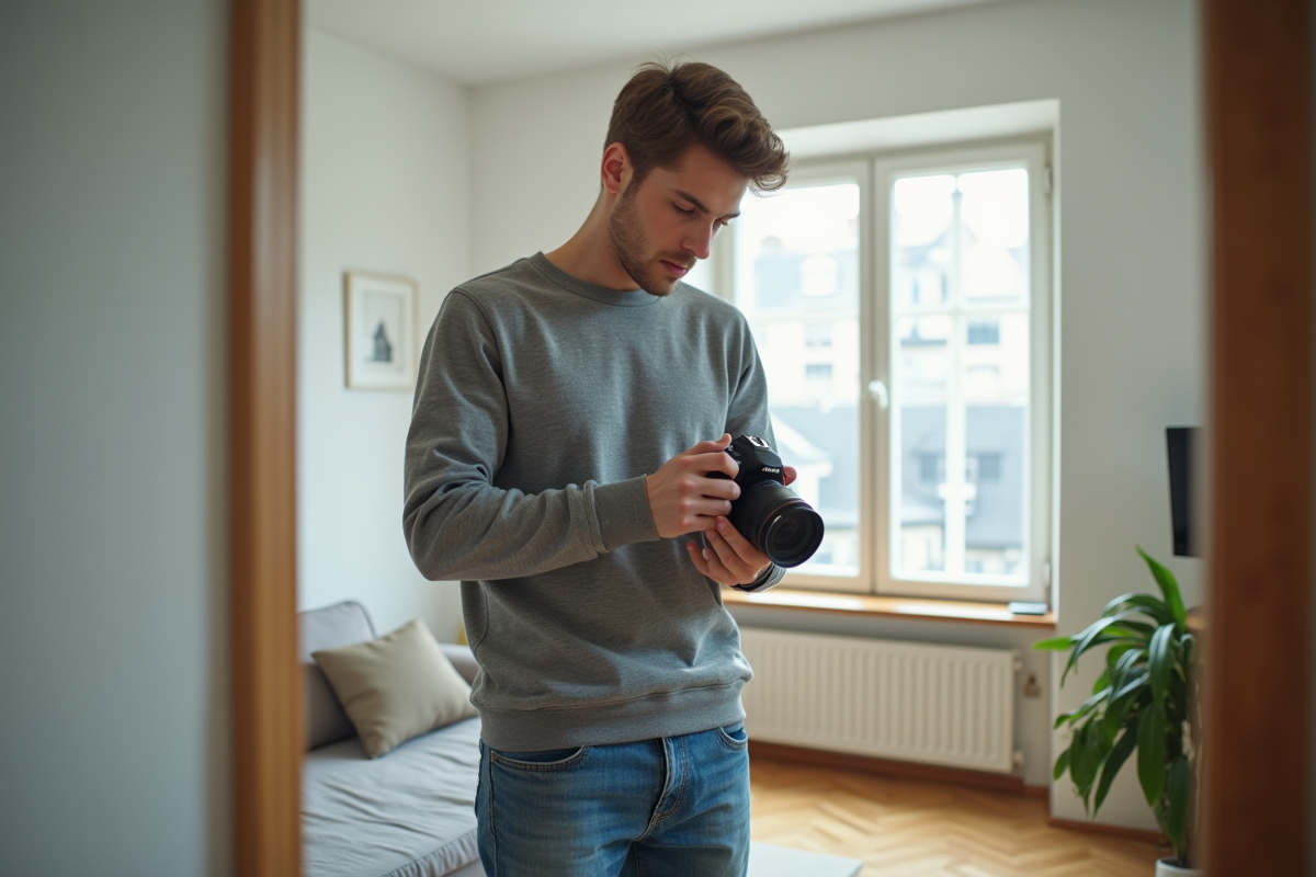 Jeune homme regardant des photos sur un appareil photo en intérieur