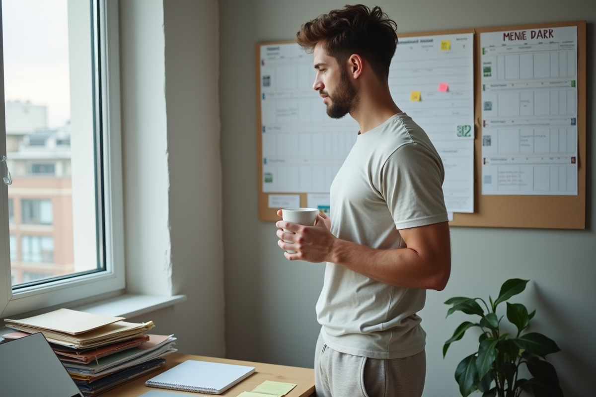 Jeune homme regardant un calendrier de déménagement