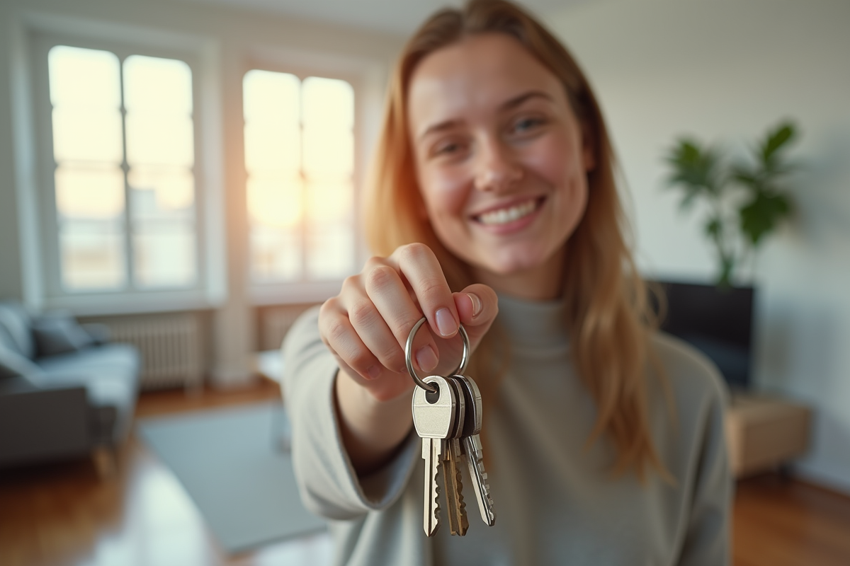 Jeune personne tenant des clés d'appartement devant un salon moderne