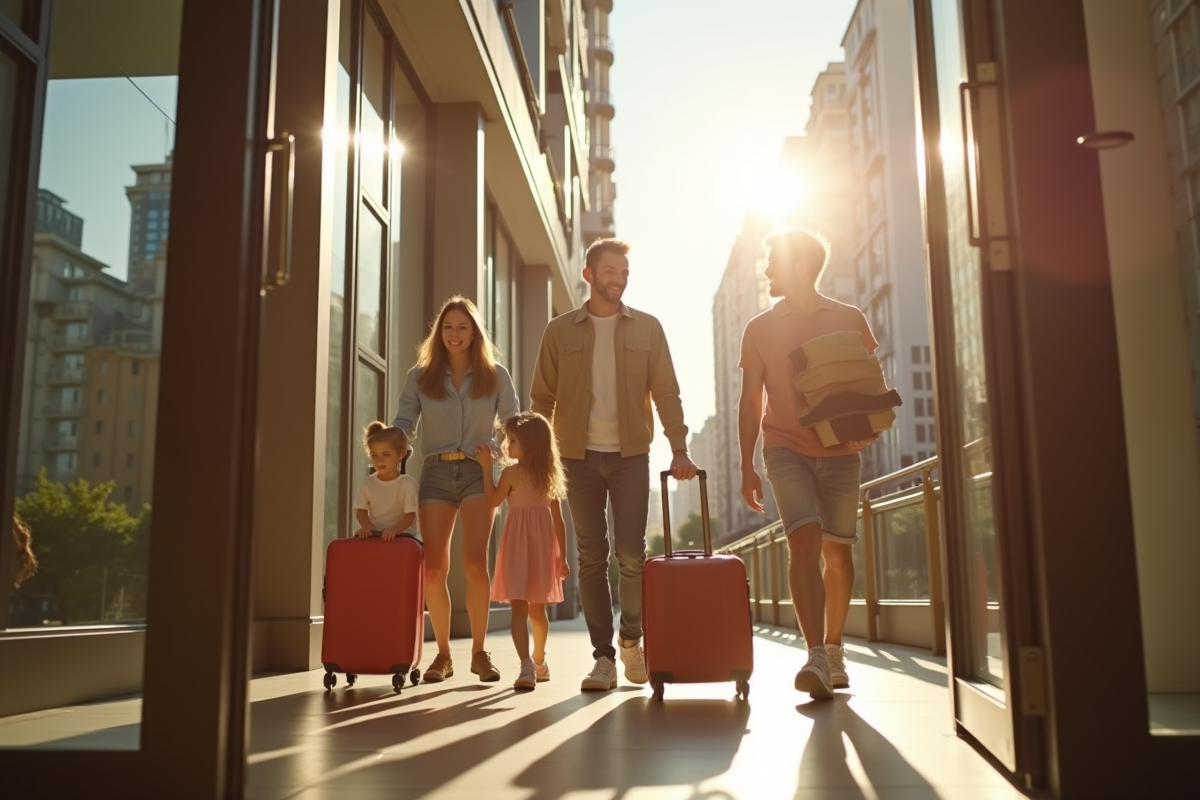 Jeunes adultes et familles emménageant dans un immeuble moderne