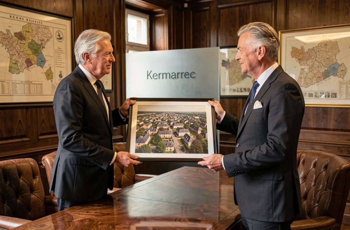 Directeur de Kermarrec Immobilier présentant une carte aérienne de Rennes dans un bureau patrimonial en Ille-et-Vilaine