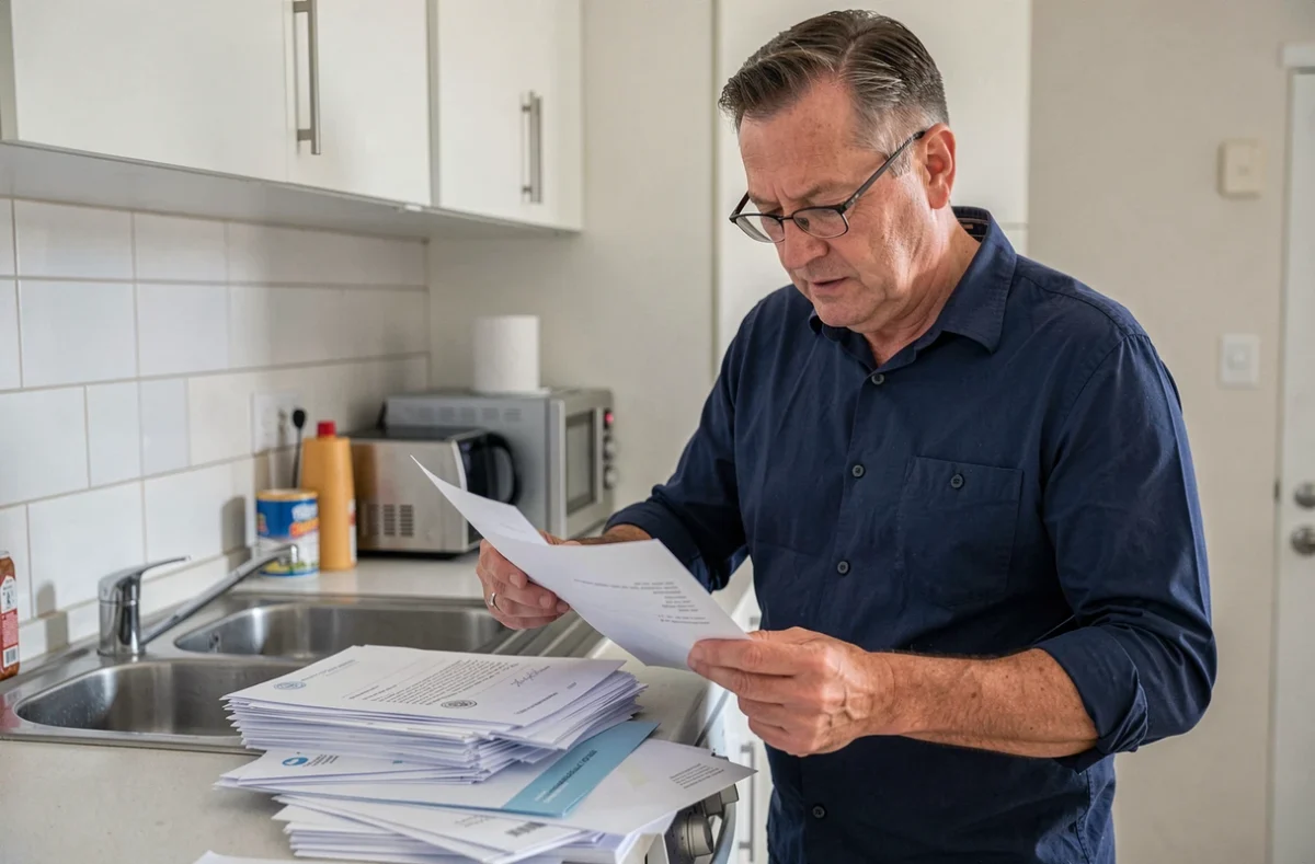 Homme lisant un courrier papier de syndic de copropriété dans sa cuisine, comparant le suivi postal traditionnel