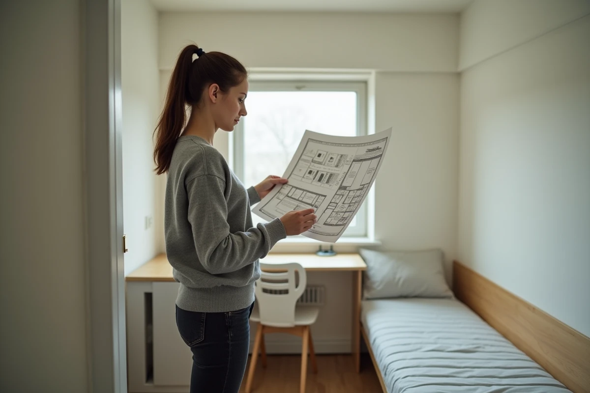 Jeune femme consultant un plan de surface dans une petite chambre en location meublée, illustrant les normes minimales de surface