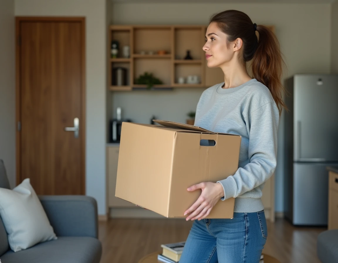 Femme locataire emménageant dans un T2 meublé avec cartons dans le salon