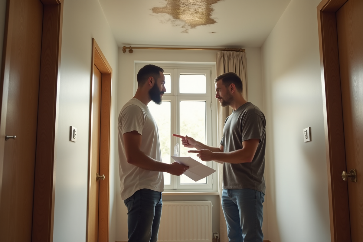 Locataire inquiet et gestionnaire dans un couloir lumineux