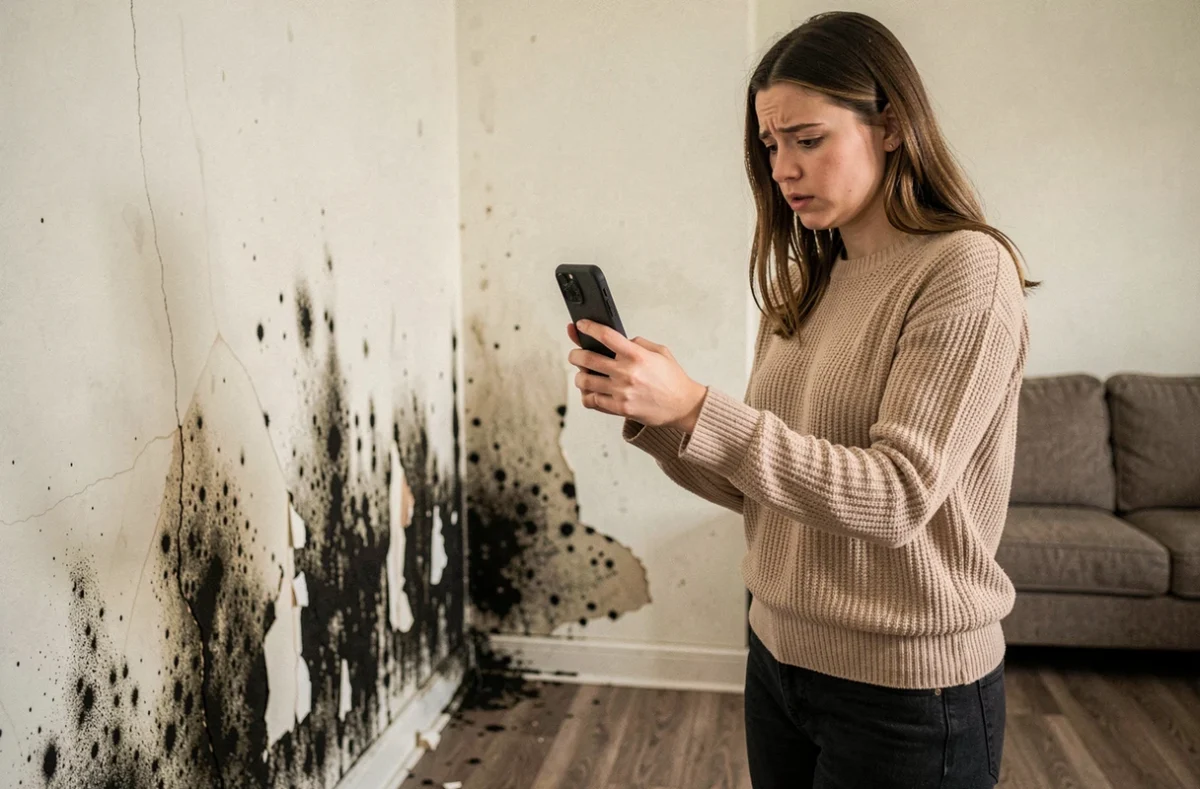 Locataire photographiant des moisissures dans son appartement pour constituer un dossier de litige immobilier