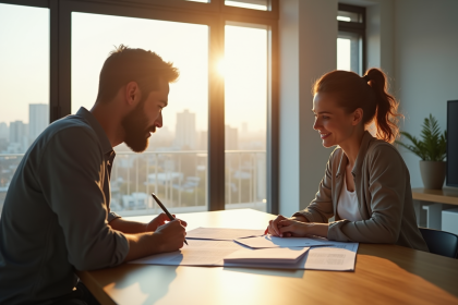 Propriétaire et locataire examinant des documents de location dans un appartement lumineux