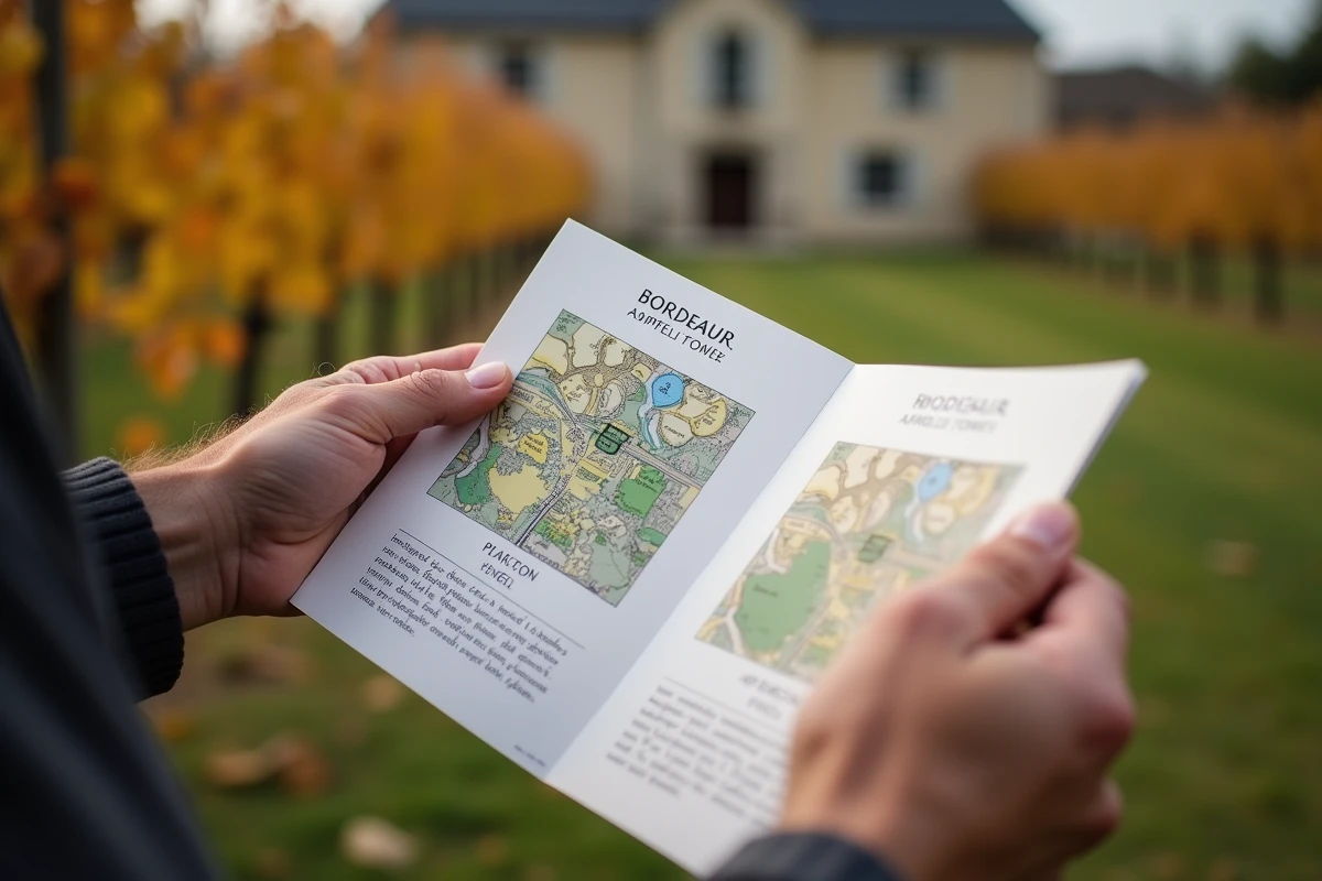 Mains d'un vigneron tenant une brochure de vente d'un domaine viticole en Gironde avec carte parcellaire