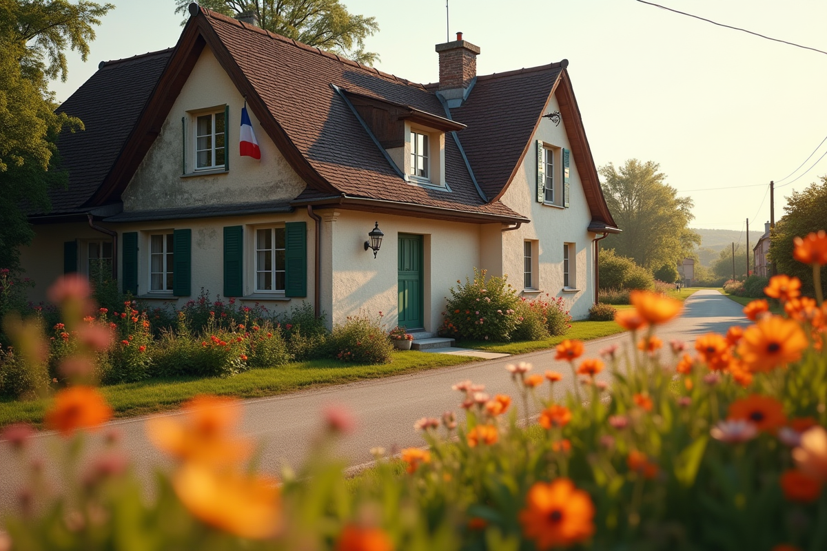 Mairie rurale avec drapeau français et fleurs en fleurs