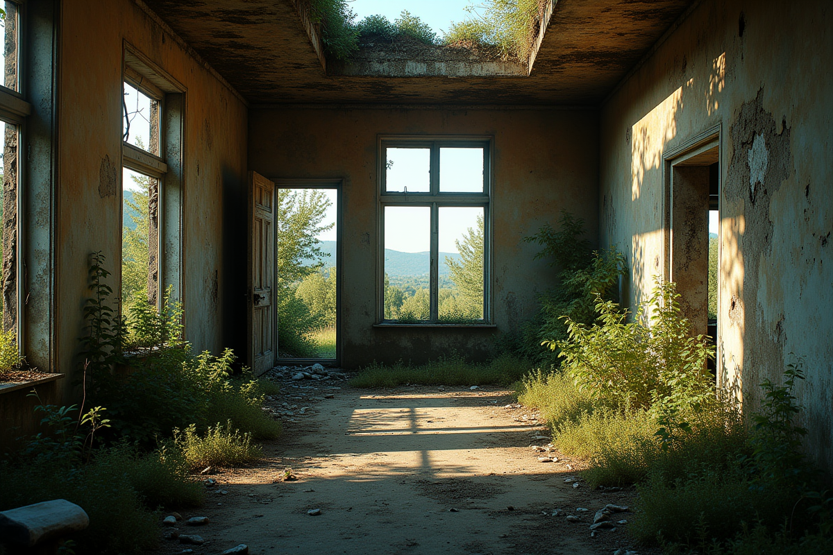 Maison abandonnée avec végétation envahissante et fenêtres cassées