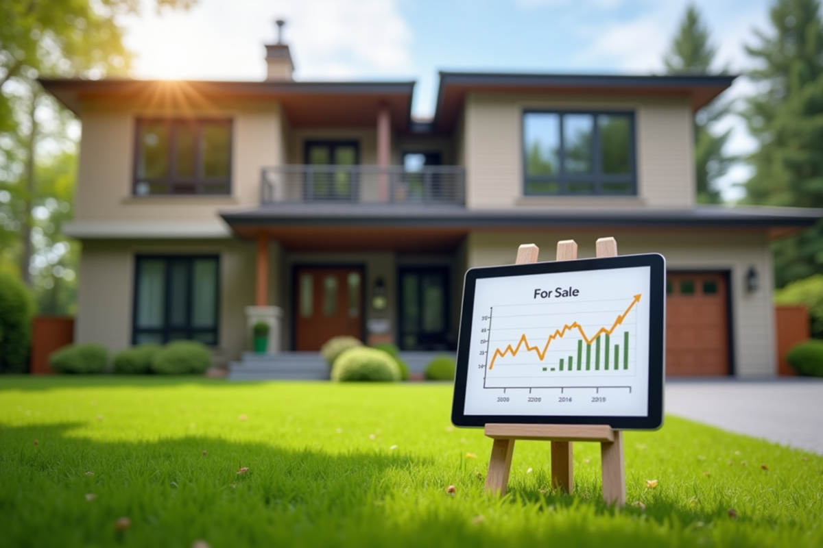 Maison moderne avec panneau vente et tablette affichant graphique