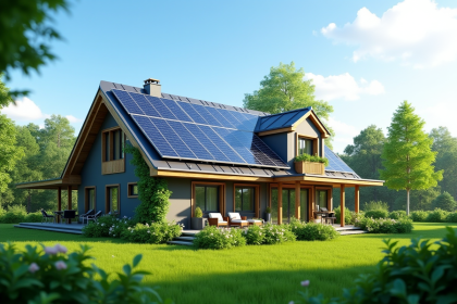 Maison écologique avec panneaux solaires et verdure