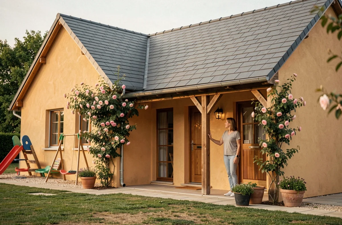 Maison Familiale avec toit à pignon, façade ocre, grande porte en bois et terrain avec espace de jeux pour enfants