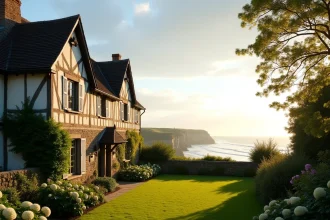 Maison normande en pierre avec colombages vue de son jardin fleuri donnant sur la mer et les falaises