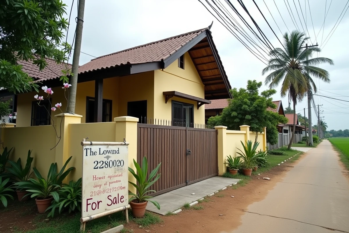 Petite maison à vendre pas cher en Thaïlande avec panneau de vente dans un quartier résidentiel abordable de province