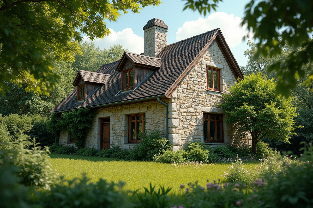 Maison rurale en pierre ancienne avec jardin verdoyant