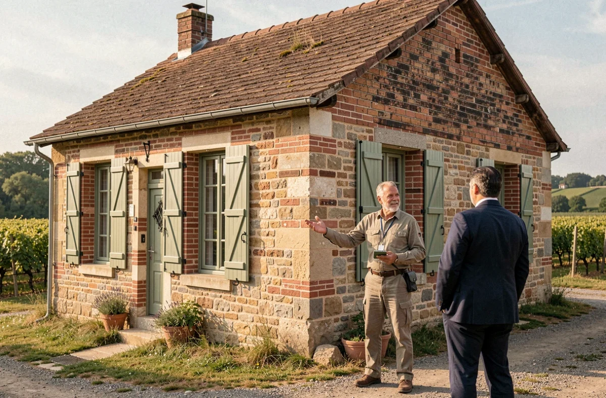 Maison de style champenois construite par Arlogis Reims, façade en brique et pierre avec volets verts, campagne vigneronne en fond