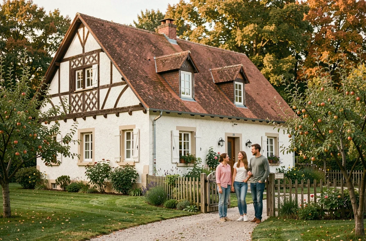 Maison individuelle Babeau Seguin de style campagne française, façade à colombages, famille devant l'entrée sur terrain arboré