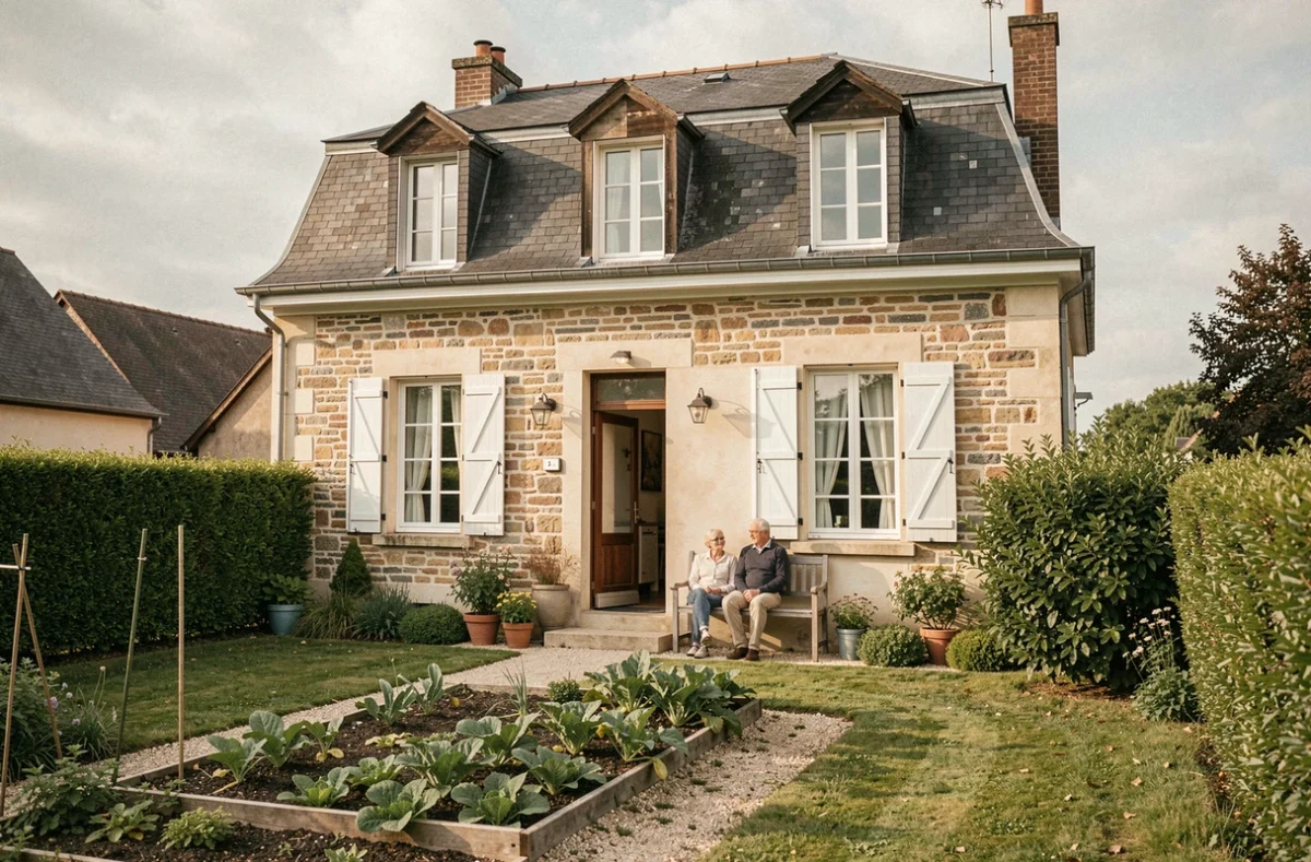 Maison d'en France Champagne avec toiture mansardée, lucarnes et façade mixte pierre-enduit, couple âgé sur la terrasse