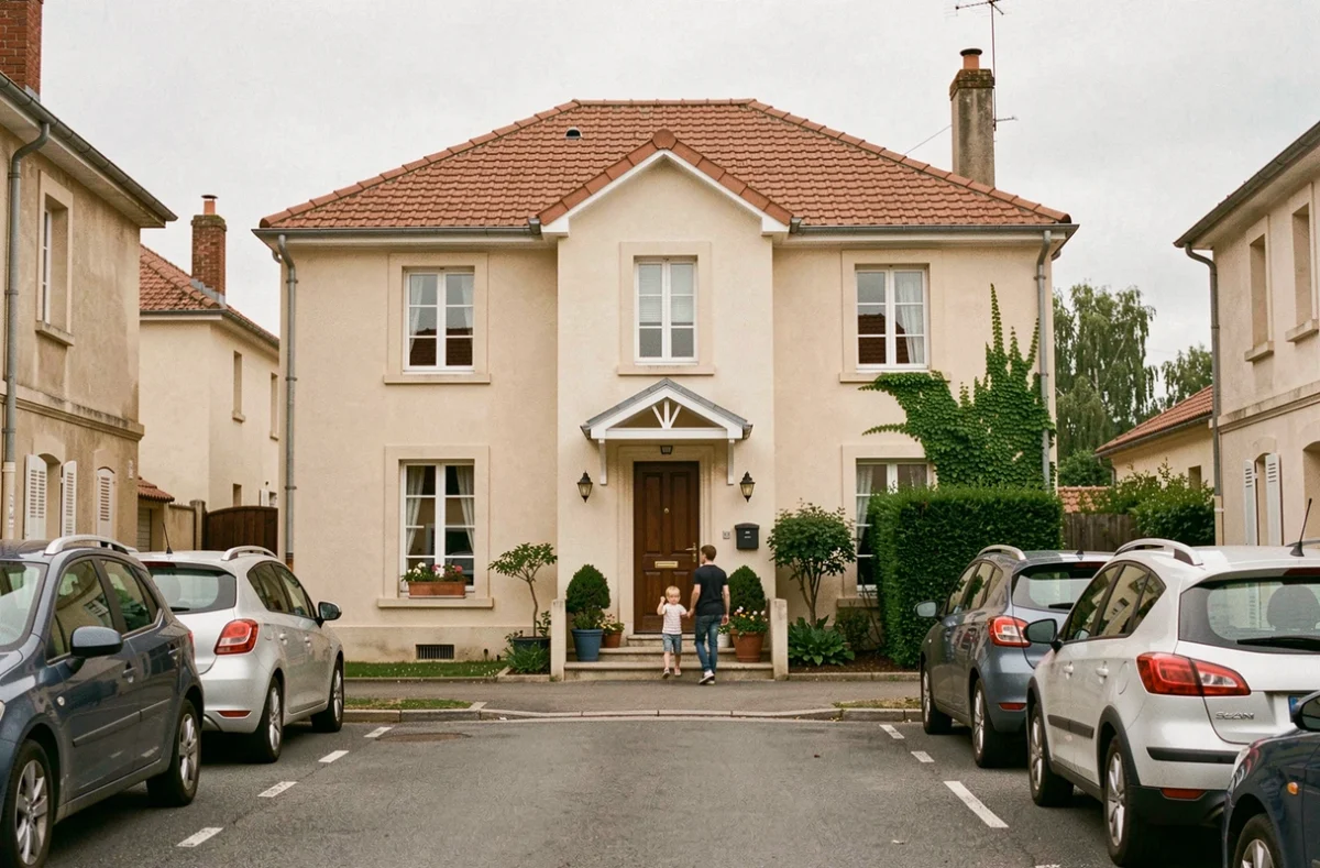 Maison Phénix à façade symétrique et toit tuile, jeune famille à l'entrée, rue résidentielle de la Marne