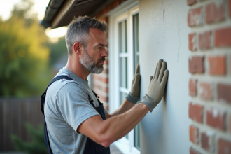 Maçon appliquant du plâtre sur une façade résidentielle