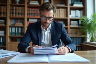 Un marchand de biens analyse des documents fiscaux et des droits d'enregistrement dans un bureau de notaire moderne