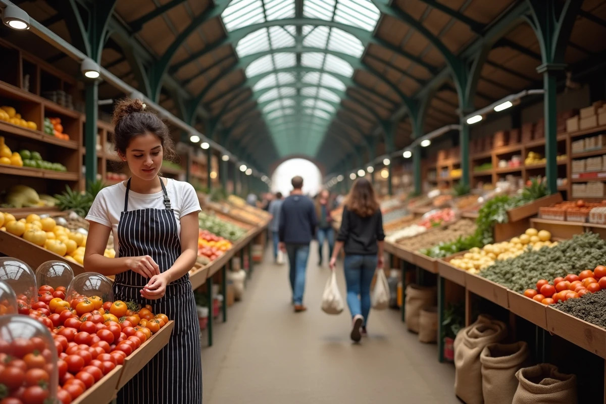 Marché couvert des Carmes à Toulouse avec étals de légumes frais et vendeuse en tablier rayé