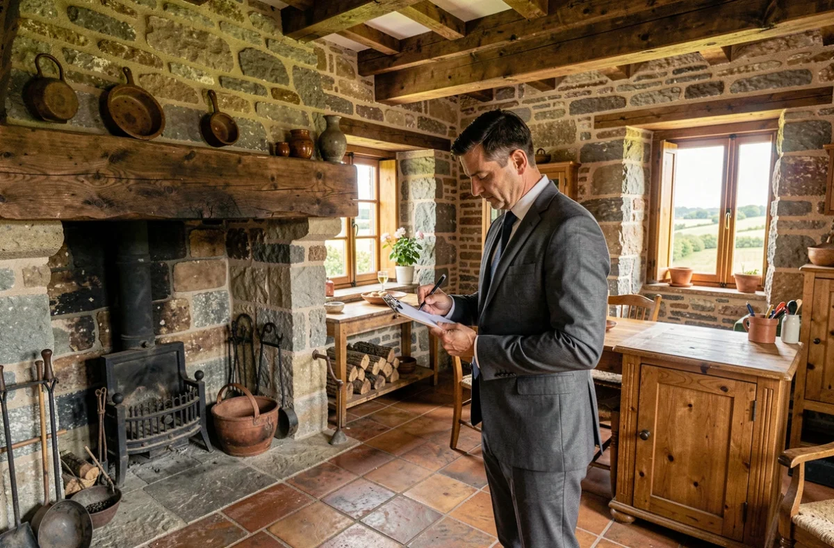 Agent MER Immobilier en visite d'estimation dans une ferme bretonne en pierre en Ille-et-Vilaine