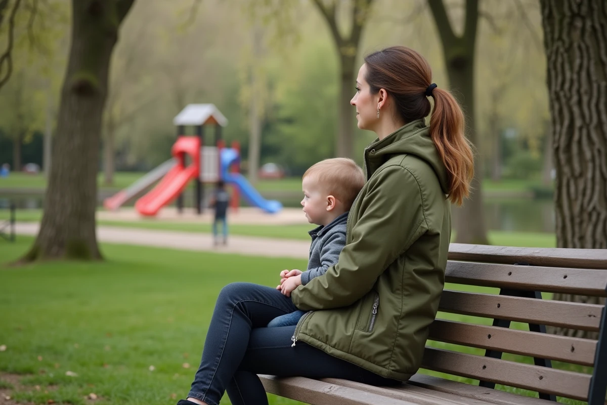 Mère surveillant son enfant dans un parc verdoyant d'une ville résidentielle d'Île-de-France