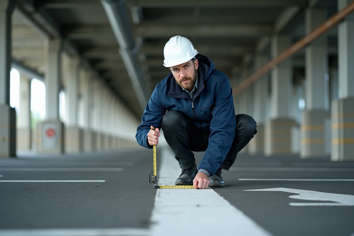 Technicien mesurant les dimensions d'une place de parking dans un parking souterrain avec mètre ruban