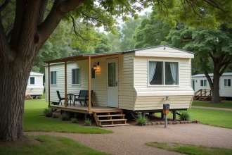 Mobil-home d'occasion dans un camping ouvert à l'année entouré d'arbres matures avec terrasse en bois et chemin en gravier