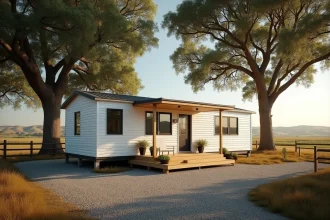 Mobil home moderne installé sur un terrain privé en zone rurale avec clôture en bois et arbres matures