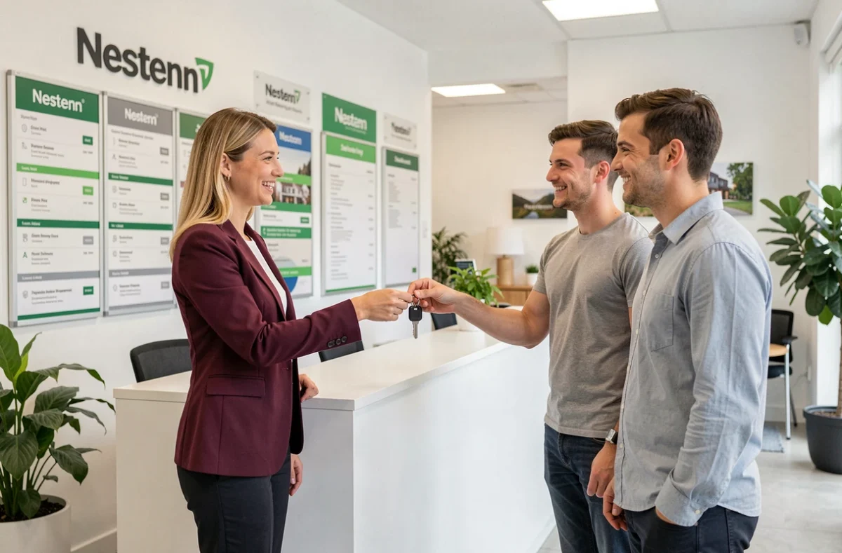 Remise de clés par un agent Nestenn Immobilier à un couple de nouveaux propriétaires dans une agence en Ille-et-Vilaine