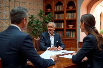 Notaire marocain examinant des documents immobiliers avec des clients dans un bureau traditionnel de Marrakech